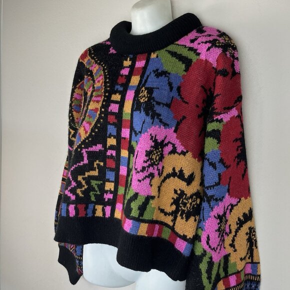 FARM Rio Black Mixed Scarves Sweater Floral Thick High-Neck Pullover - Picture 4 of 9